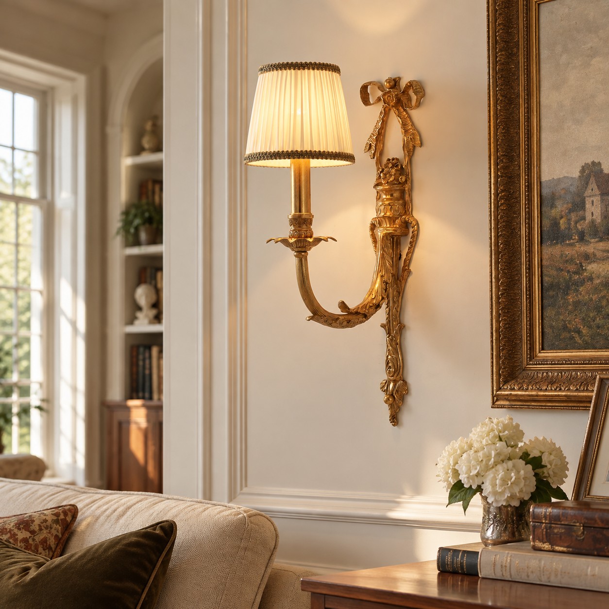 One-head brass wall sconce mounted beside framed wall artwork