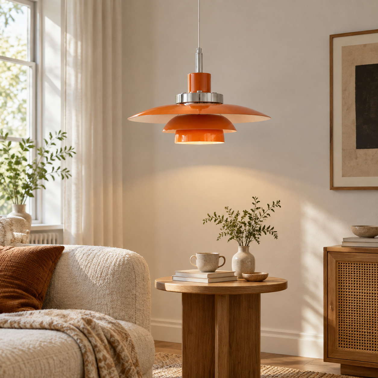 Orange metal pendant light in a living room