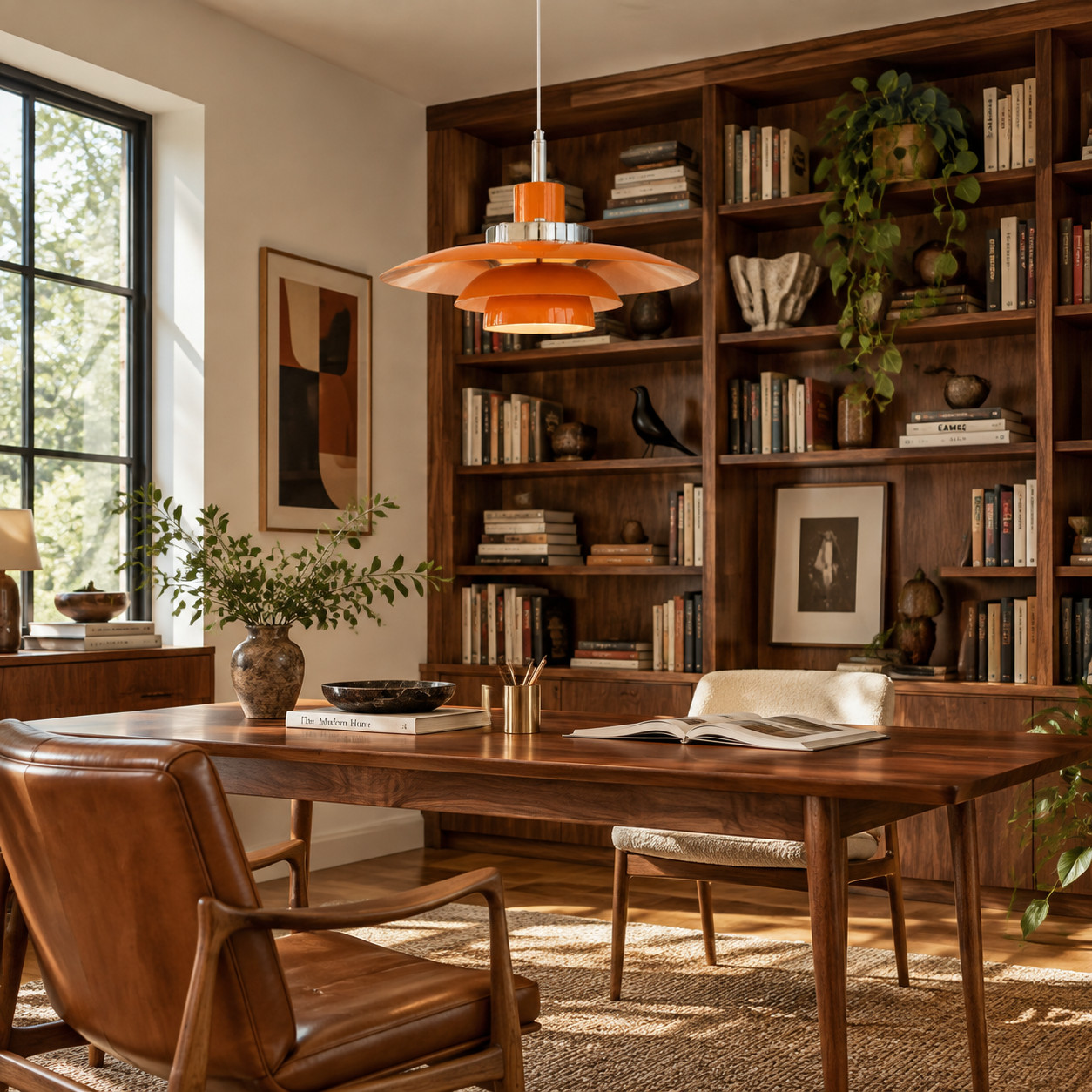Orange metal pendant light in a study