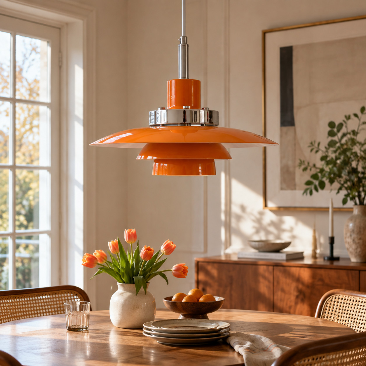 Orange metal pendant light above a dining table