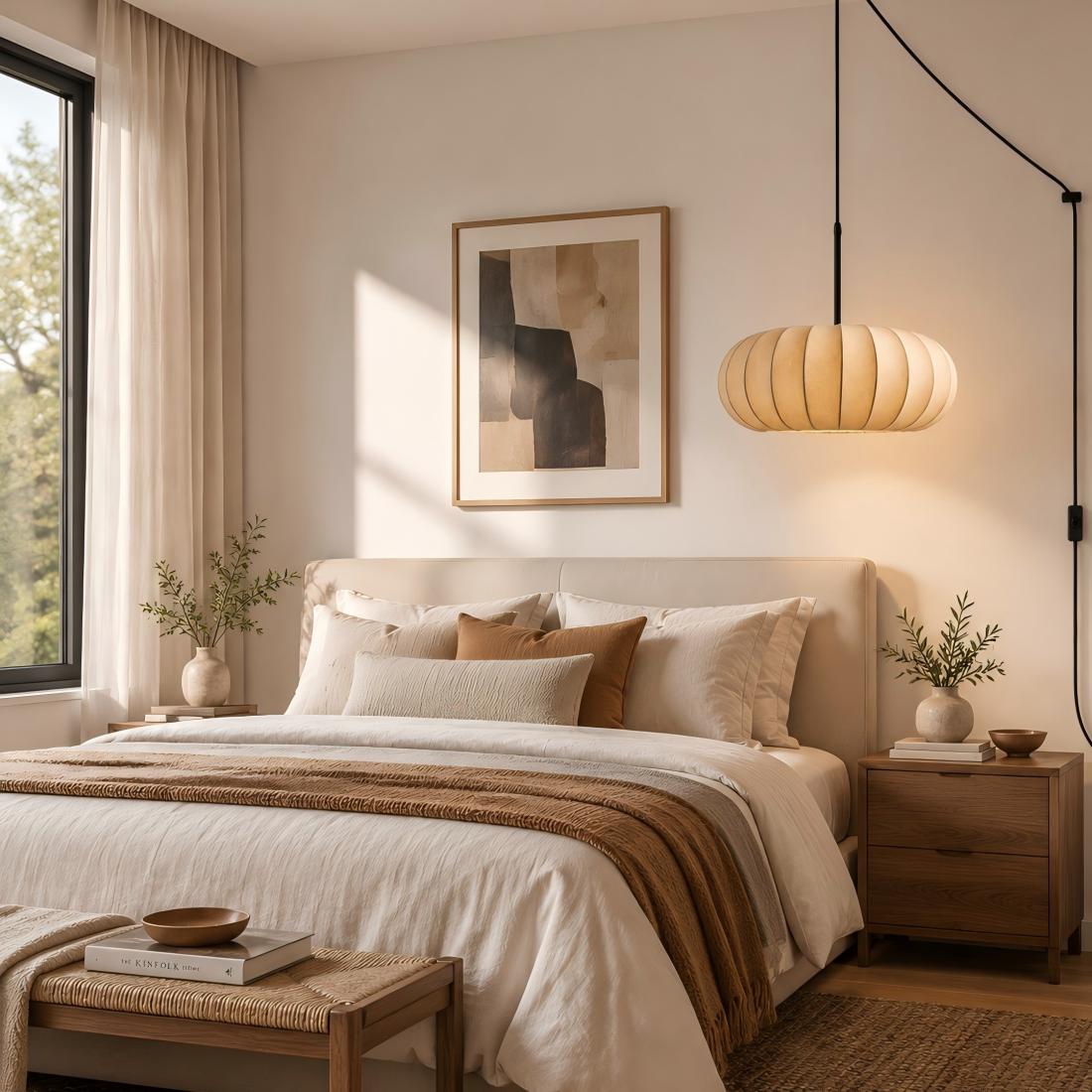 Steckbare Pendelleuchte, die neben einem Bett ein weiches Leuchten erzeugt