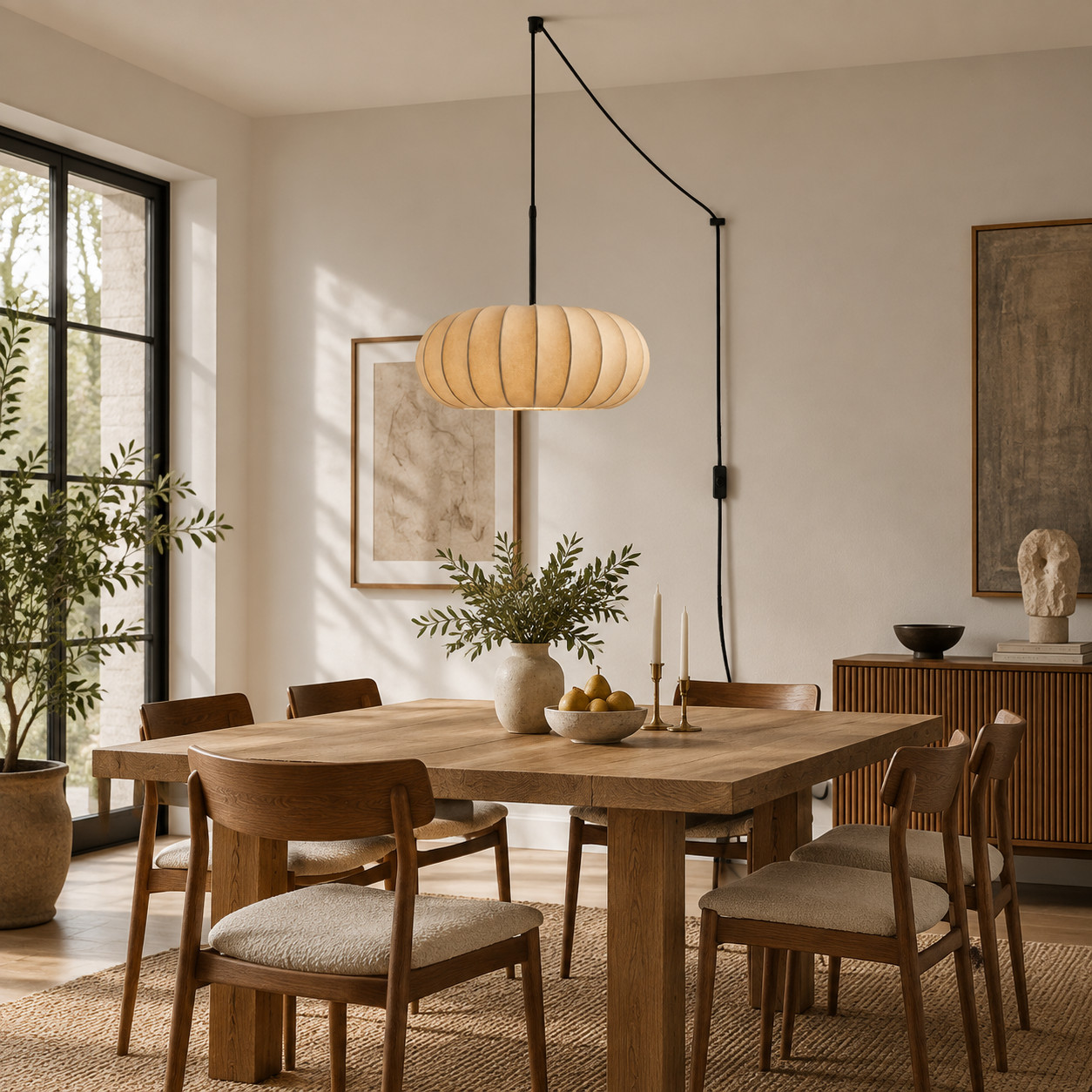 Steckbare Pendelleuchte über einem Esstisch aus Holz