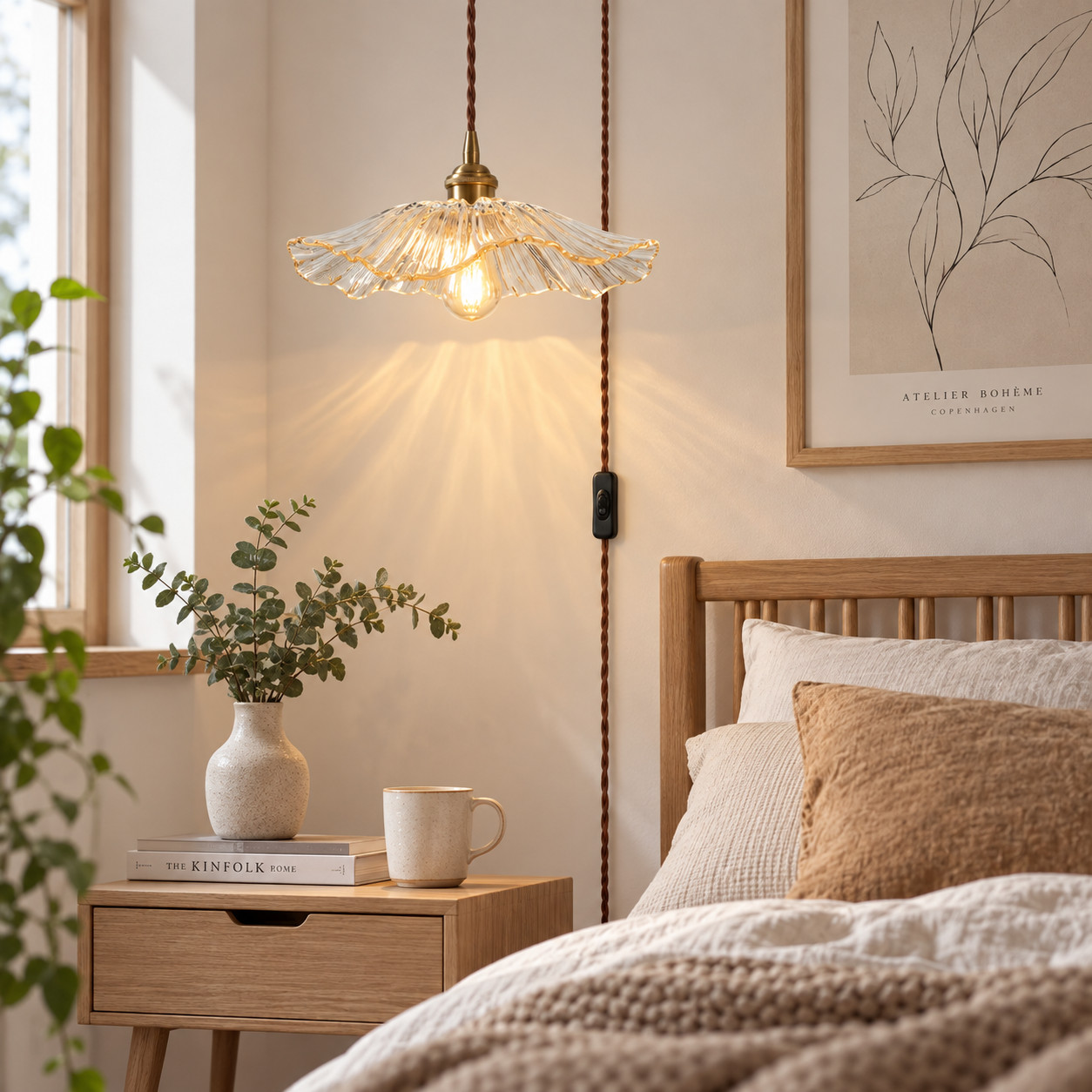 Petal-Glass-Pendelleuchte neben einem Nachttisch im Schlafzimmer