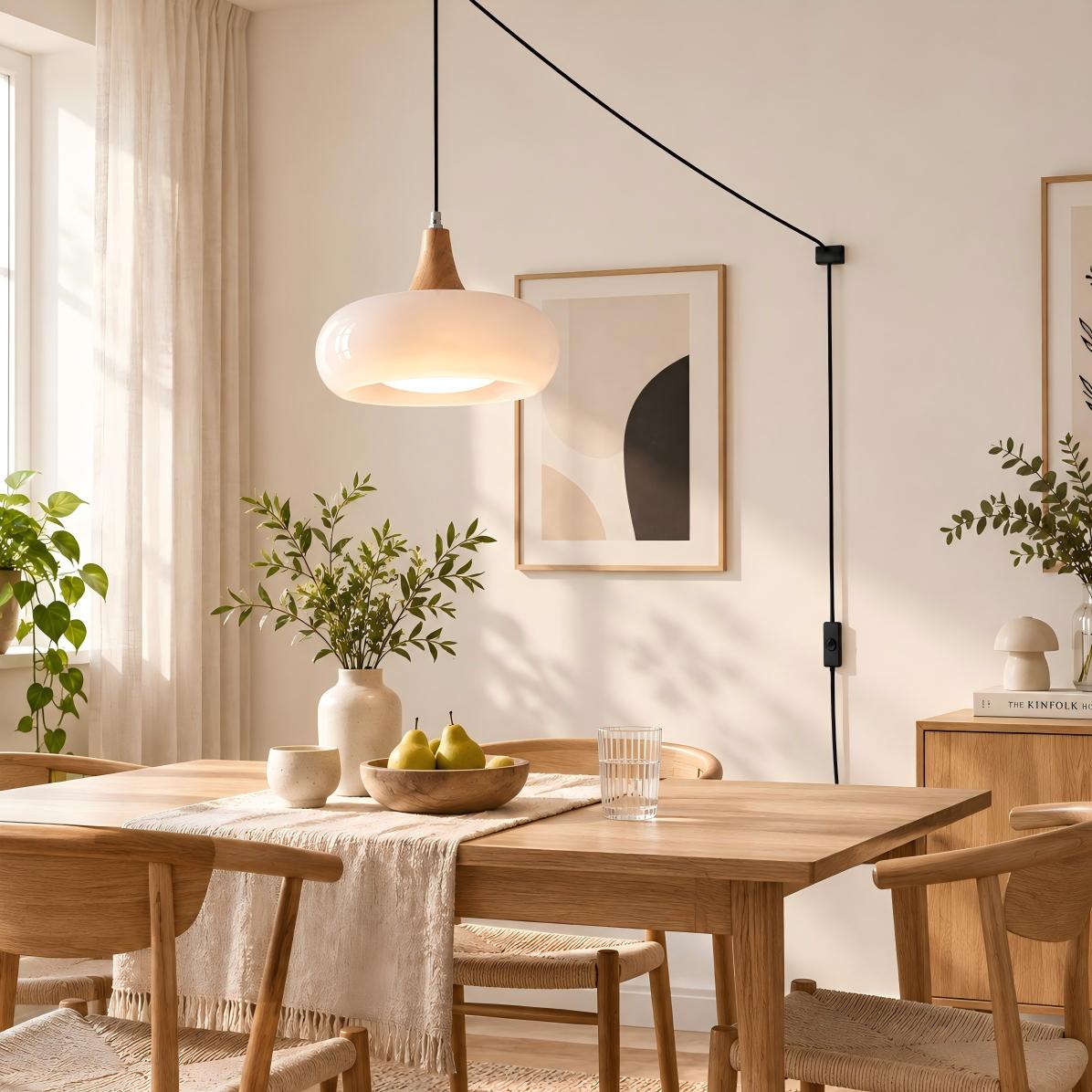 Vit hänglampa i glas med stickkontakt över ett matbord