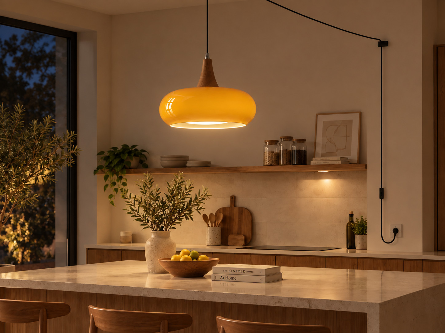 Orange hänglampa i glas med stickkontakt som lyser över en köksö, jämförelse tänd