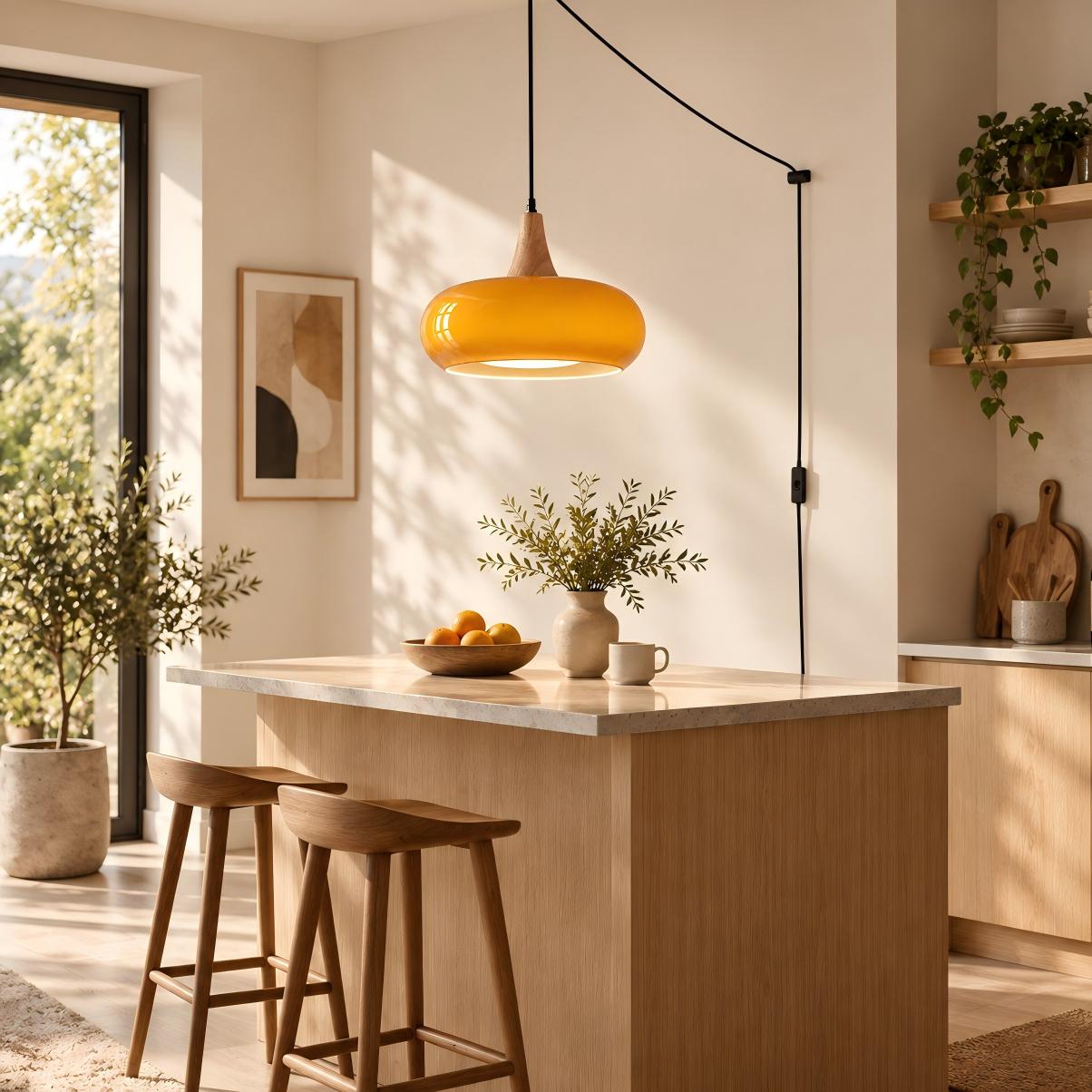 Orange hänglampa i glas med stickkontakt över en köksö