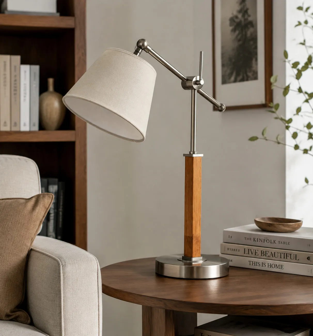 Bauhaus-tafellamp met zwenkarm, witte stoffen kap, houten zuil en gepolijst nikkel