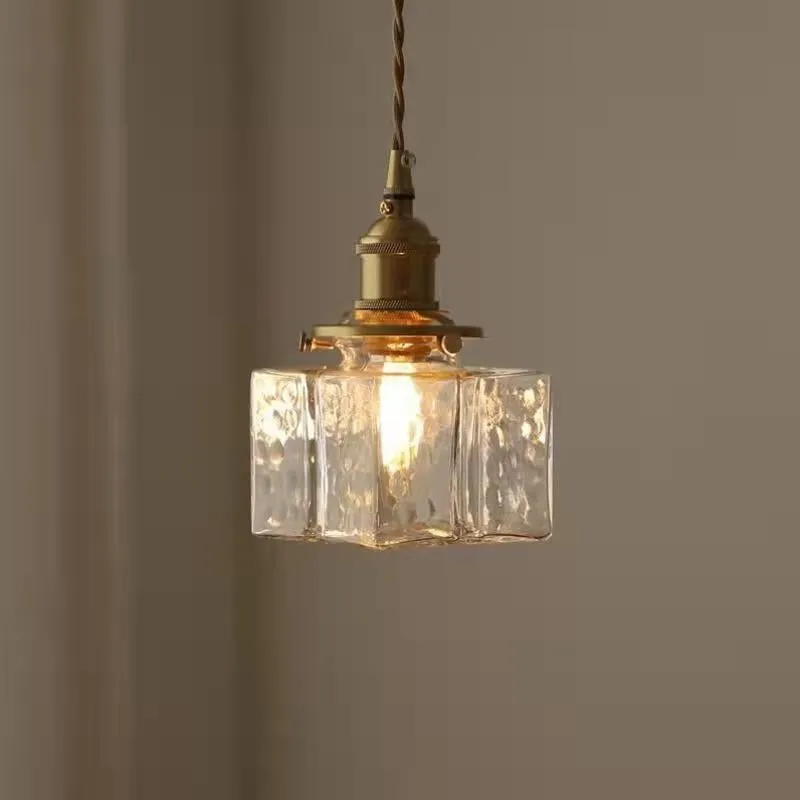 Traditional Vintage Square Rectangle Ripple Glass Iron 1-Light Pendant Light For Living Room K1282