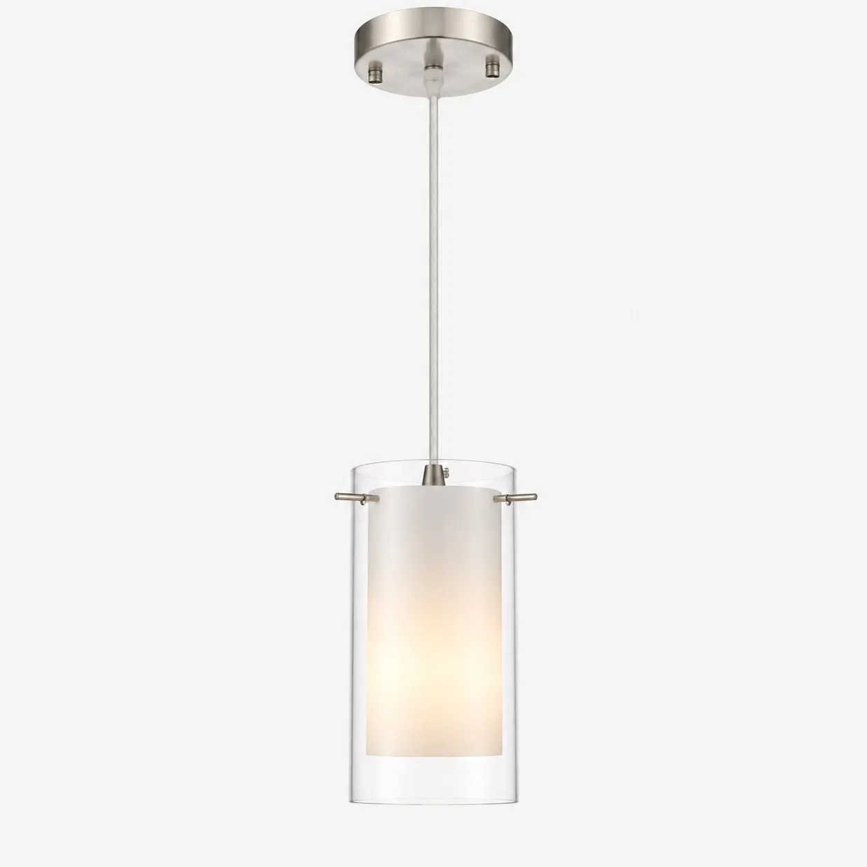 Modern Double Glass Pendant Light | Chrome Finish, Clear and White Shades &mdash; A clear perspective