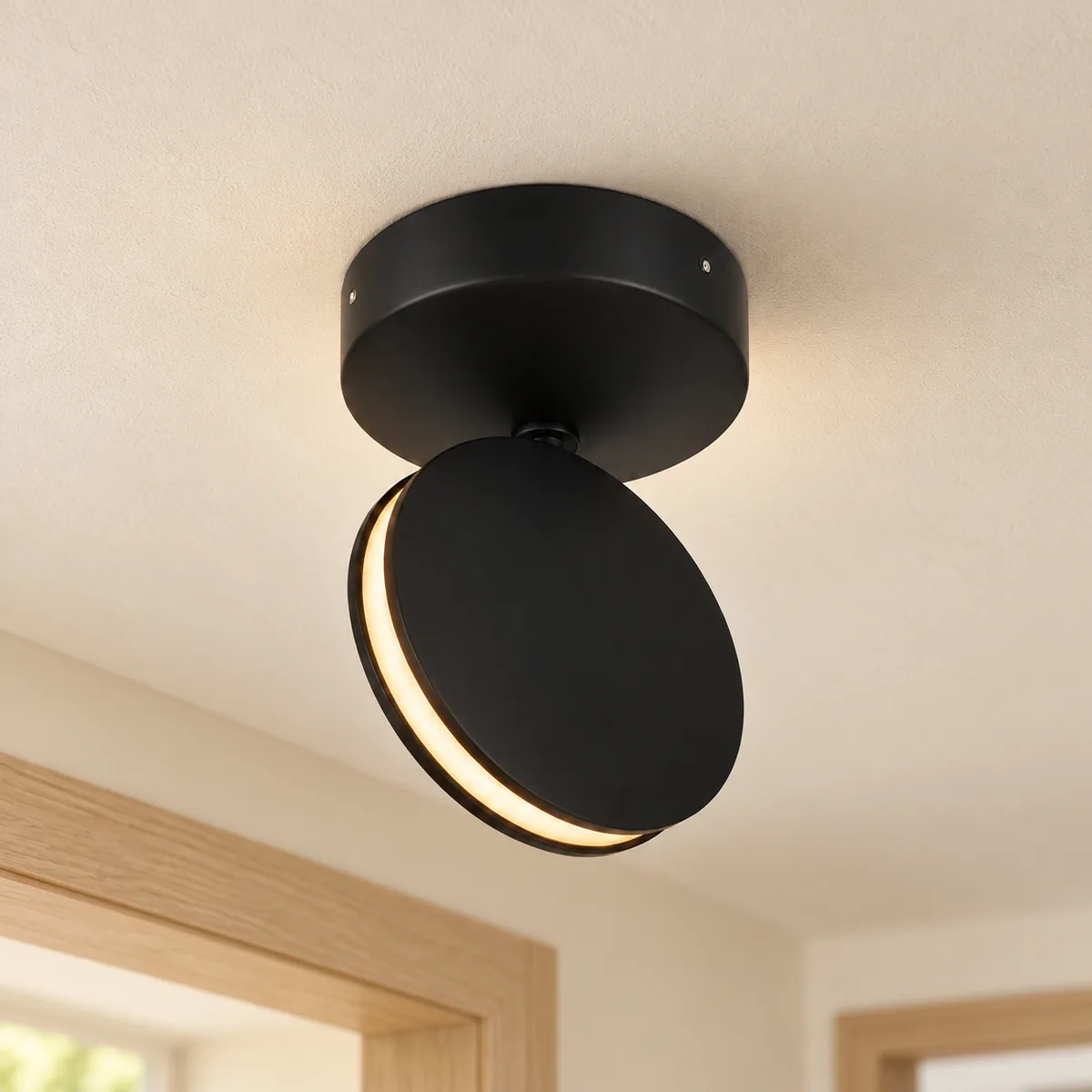 Black aluminium disc LED mounted on the ceiling