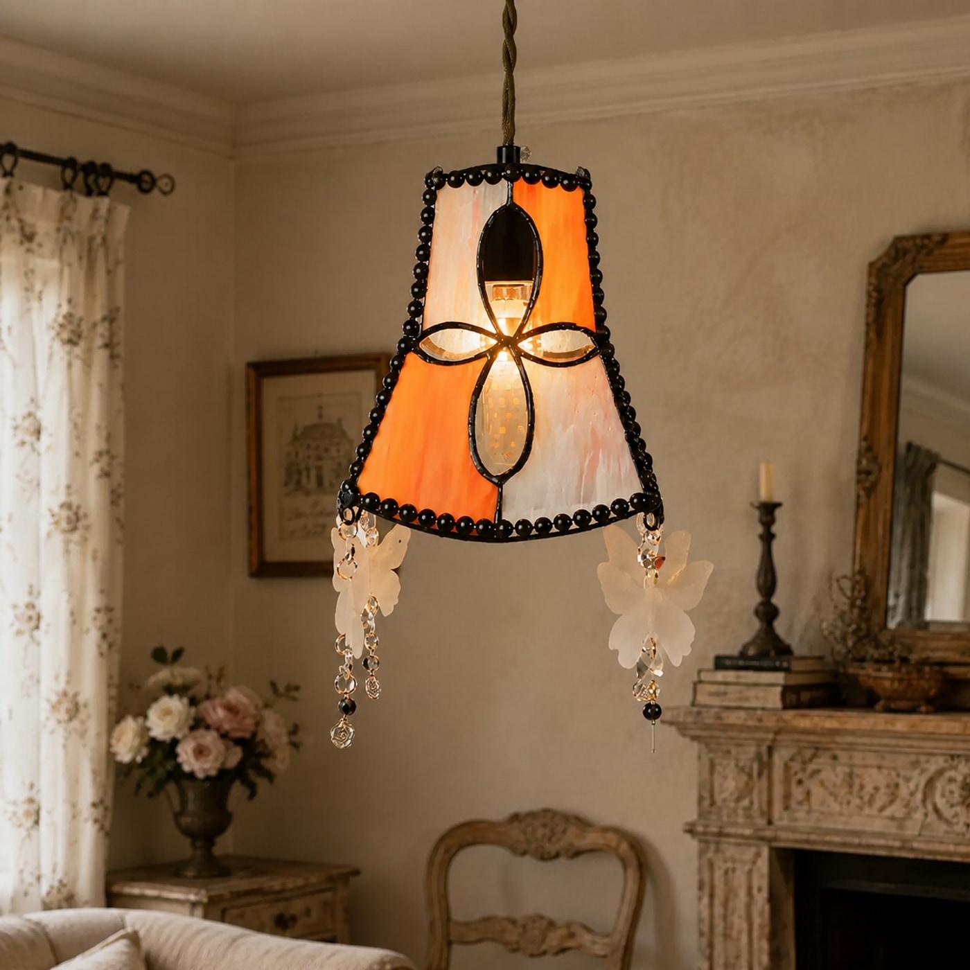 Stanza in stile vintage francese con lampadario a sospensione a forma di farfalla in conchiglia installato