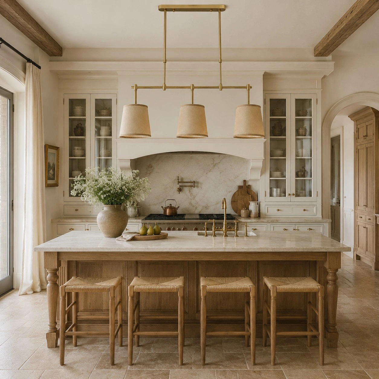 Dumora antique brass linear chandelier above a kitchen island