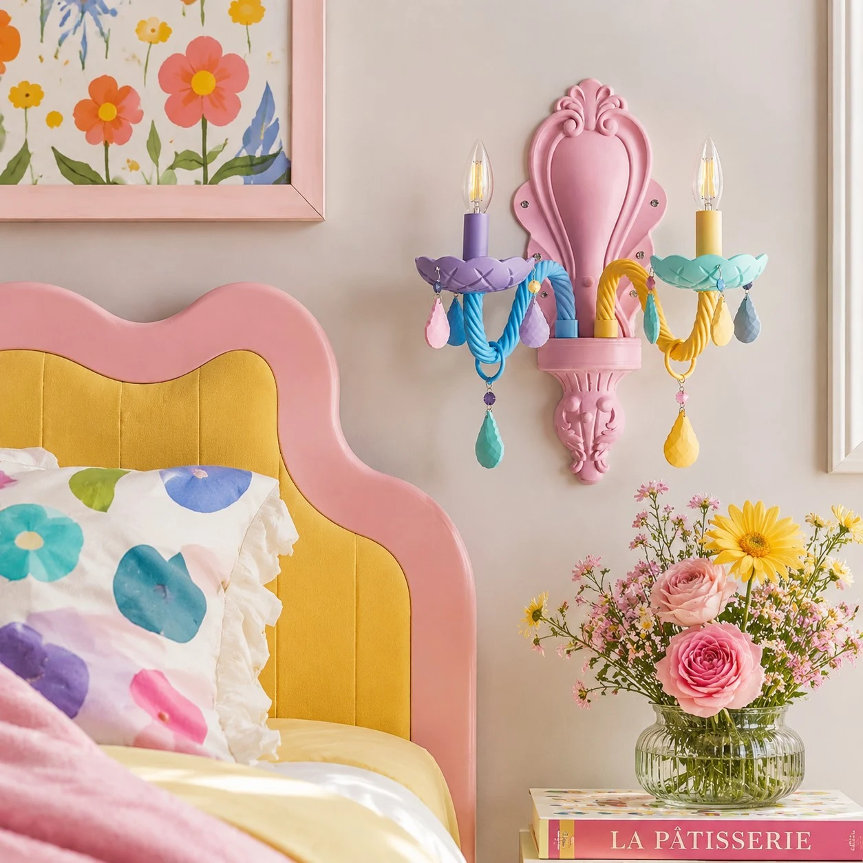 zweiflammige bunte Wandleuchte neben einem rosa Kinderbett