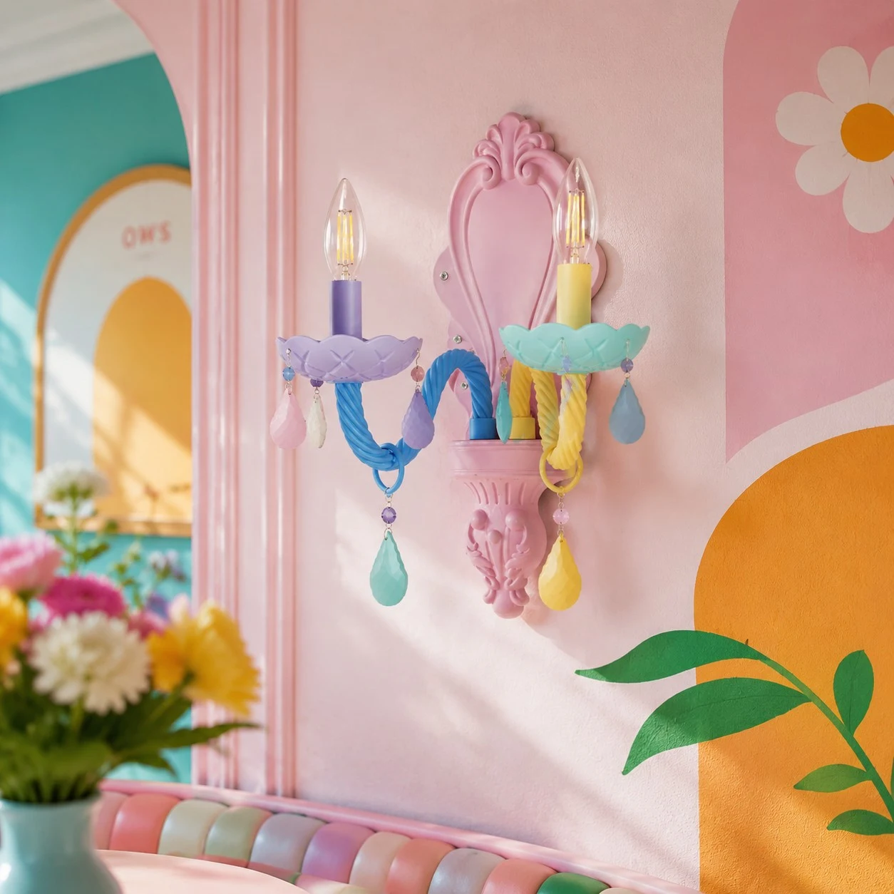 zweiflammige bunte Wandleuchte in einem pastellfarbenen Kinderzimmer